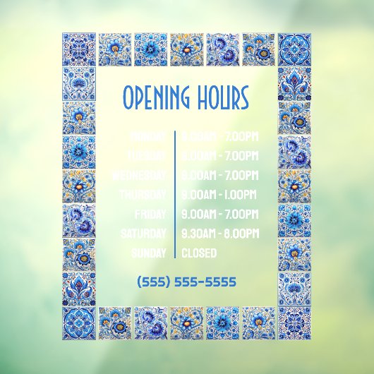 Autocollant Pour Fenêtre Carrelage Bleu Méditerranéen Cadre Heures d'ouvert (Feuille 3)