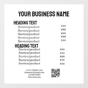 Autocollant Pour Fenêtre carte de menu liste de prix des produits de servic