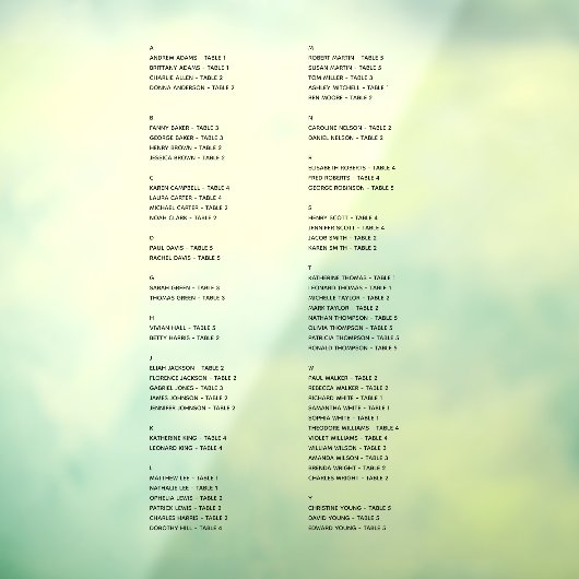 Autocollant Pour Fenêtre Carte de siège alphabétique transparente Noms seul (Feuille 3)