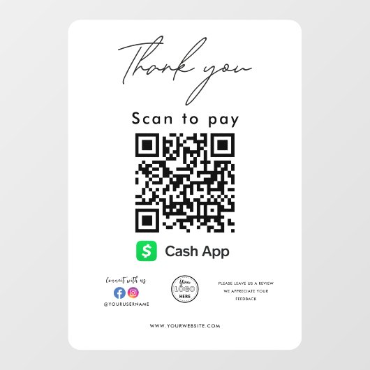 Autocollant Pour Fenêtre Cash App QR Code Logo Merci d'analyse pour payer (Feuille)