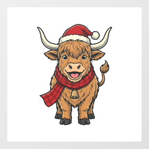 Autocollant Pour Fenêtre Chapeau de Santa Cow Highland Noël Vintage Vector_
