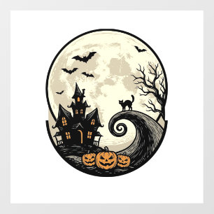 Autocollant Pour Fenêtre Chat de Halloween Vintage Maison Hantée Lune Vecte
