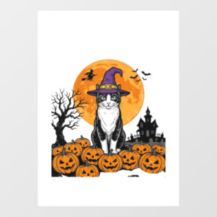 Autocollant Pour Fenêtre Chat d'Halloween Sorcière Citrouille Vintage Épouv