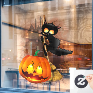 Autocollant Pour Fenêtre Chat effrayé par Citrouille Fun Halloween caractèr