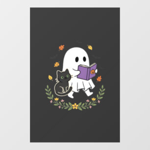 Autocollant Pour Fenêtre Chat fantôme d'Halloween lisant un livre floral De