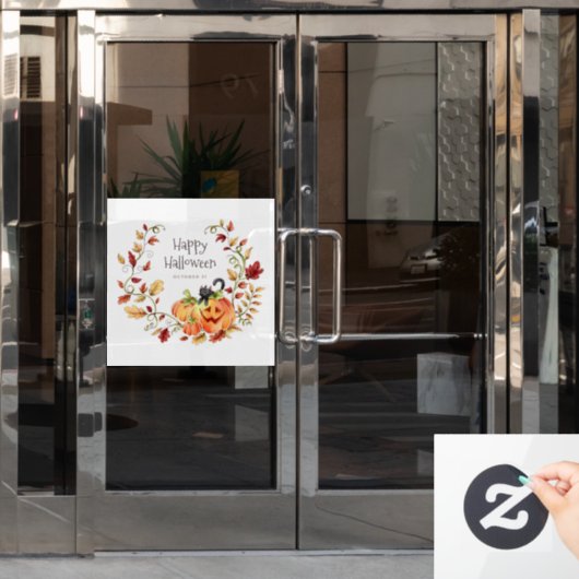 Autocollant Pour Fenêtre Chat noir mignon, Citrouille et feuillage d'automn (Porte de bureau)