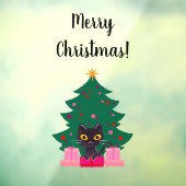 Autocollant Pour Fenêtre Chat noir mignon & XmasTree Joyeux texte de Noël (Feuille 3)