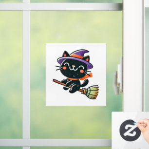 Autocollant Pour Fenêtre Chat sorcier mignon volant sur un balai - Hallowee
