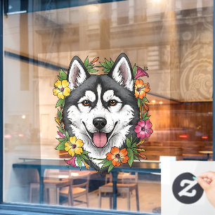 Autocollant Pour Fenêtre Chien de Traîneau Husky et Fleurs Colorées de Mira