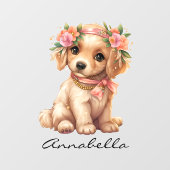 Autocollant Pour Fenêtre Chiot Golden Retriever avec fleurs Nom personnalis (Feuille)