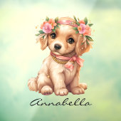 Autocollant Pour Fenêtre Chiot Golden Retriever avec fleurs Nom personnalis (Feuille 3)