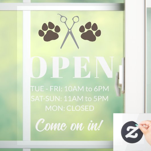 Autocollant Pour Fenêtre Ciseaux à pattes Brown Heures d'ouverture Grooming (Maison)