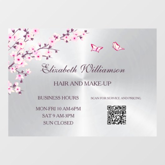 Autocollant Pour Fenêtre Code QR | Cherry Blossom Pink Silver Salon (Feuille)