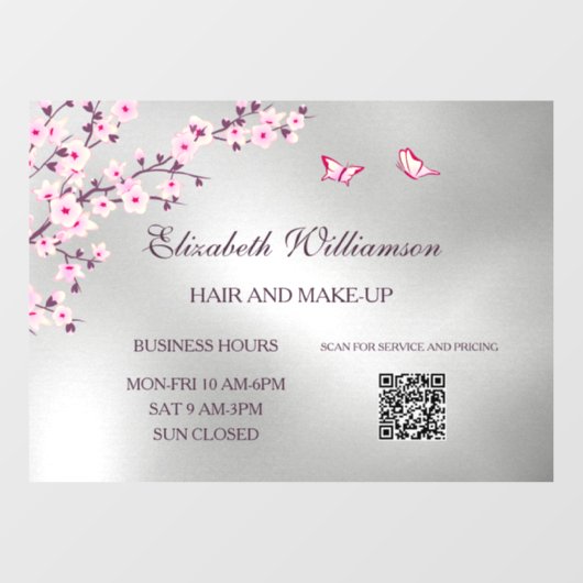 Autocollant Pour Fenêtre Code QR | Salon Rose Fleur de Cerisier Argent (Feuille)