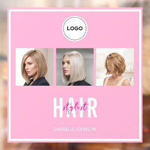 Autocollant Pour Fenêtre Coiffeur aux Cheveux Roses Collage de Photos Logo