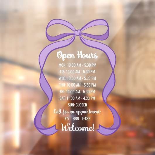 Autocollant Pour Fenêtre Coquette Purple Bow Small Business Open Hours (Feuille 2)