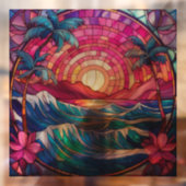 Autocollant Pour Fenêtre Coucher de soleil rose de l'île tropicale Vitrail (Feuille 2)