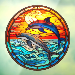 Autocollant Pour Fenêtre Coucher de soleil sur l'océan dauphins sautant fau