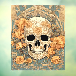 Autocollant Pour Fenêtre Crâne et roses couleur pêche, design Art nouveau