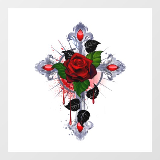 Autocollant Pour Fenêtre Croix d'argent avec une rose rouge (Feuille)