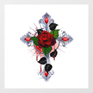 Autocollant Pour Fenêtre Croix d'argent avec une rose rouge