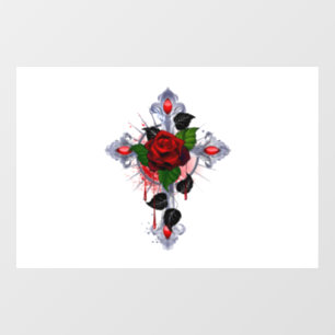 Autocollant Pour Fenêtre Croix d'argent avec une rose rouge