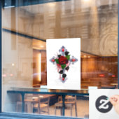 Autocollant Pour Fenêtre Croix d'argent avec une rose rouge (Fenêtre de café)