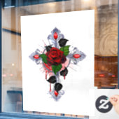 Autocollant Pour Fenêtre Croix d'argent avec une rose rouge (Fenêtre de café)