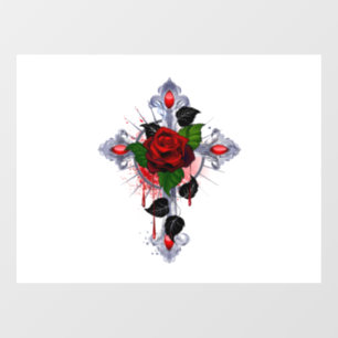 Autocollant Pour Fenêtre Croix d'argent avec une rose rouge