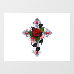 Autocollant Pour Fenêtre Croix d'argent avec une rose rouge