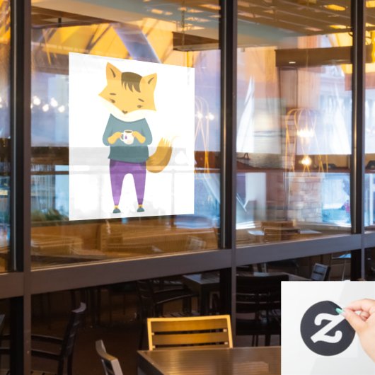 Autocollant Pour Fenêtre Cute renard avec tasse de thé (Fenêtre du restaurant)