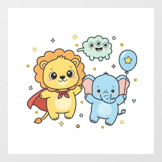 Autocollant Pour Fenêtre Cute Superhero Lion and Elephant Friends Cartoon
