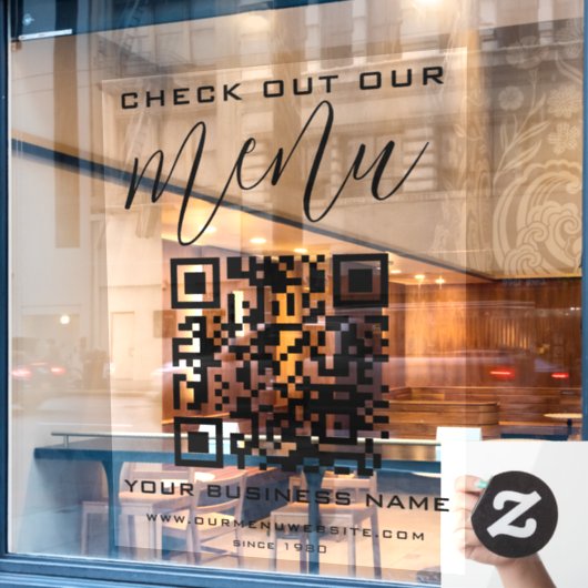 Autocollant Pour Fenêtre Découvrez notre menu Qr Code noir blanc chic moder (Fenêtre de café)