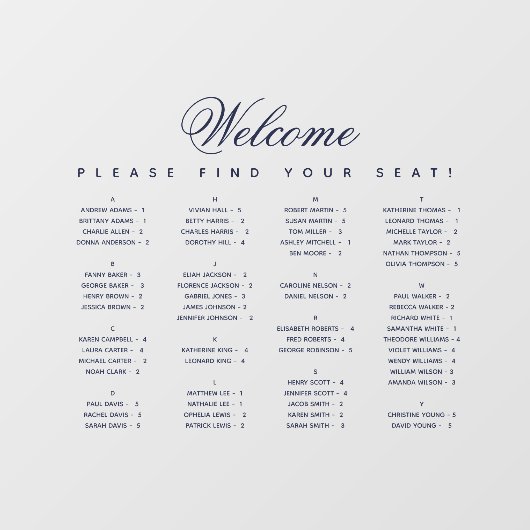 Autocollant Pour Fenêtre Diagramme de siège alphabétique Script bleu transp (Feuille)