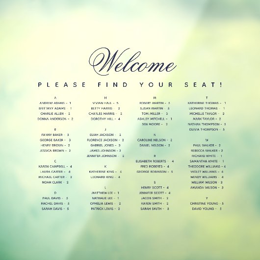 Autocollant Pour Fenêtre Diagramme de siège alphabétique Script bleu transp (Feuille 3)