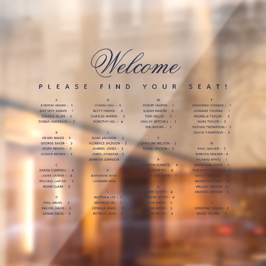 Autocollant Pour Fenêtre Diagramme de siège alphabétique Script bleu transp (Feuille 2)