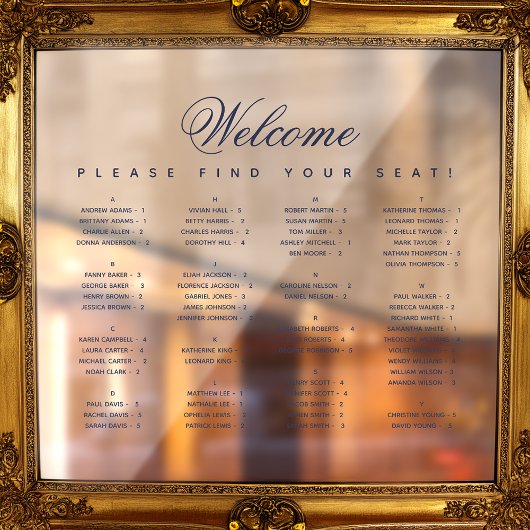 Autocollant Pour Fenêtre Diagramme de siège alphabétique Script bleu transp