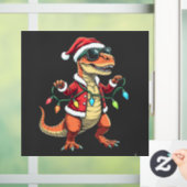 Autocollant Pour Fenêtre Dinosaure enveloppé de lumières de Noël Santa Hat (Maison)