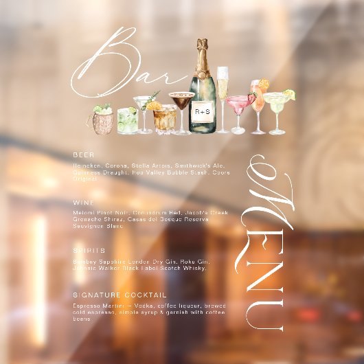 Autocollant Pour Fenêtre Elégant Aquarelle Cocktail Mariage Bar Menu Cling (Feuille 2)