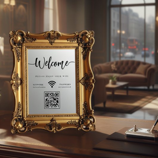 Autocollant Pour Fenêtre Elegant Script Welcome WIFI Scannable QR Code