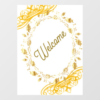 Autocollant Pour Fenêtre Elégante Affiche de bienvenue or avec cadre floral