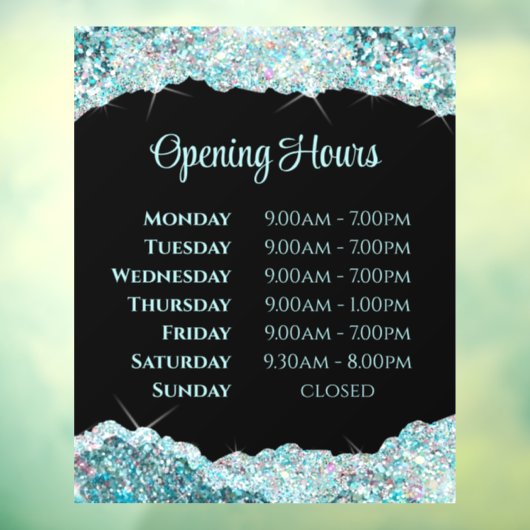 Autocollant Pour Fenêtre Faux Turquoise Parties scintillant Heures d'ouvert (Feuille 3)