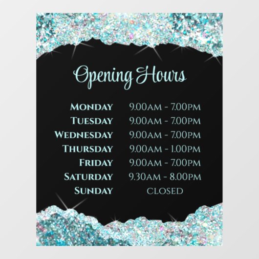 Autocollant Pour Fenêtre Faux Turquoise Parties scintillant Heures d'ouvert (Feuille)