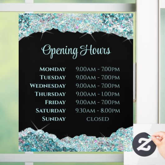 Autocollant Pour Fenêtre Faux Turquoise Parties scintillant Heures d'ouvert (Maison)