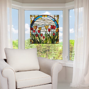 Autocollant Pour Fenêtre Faux Vitrail Jardin de Tulipes en Fleurs