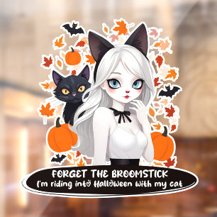 Autocollant Pour Fenêtre Femme d'Anime avec chat noir.