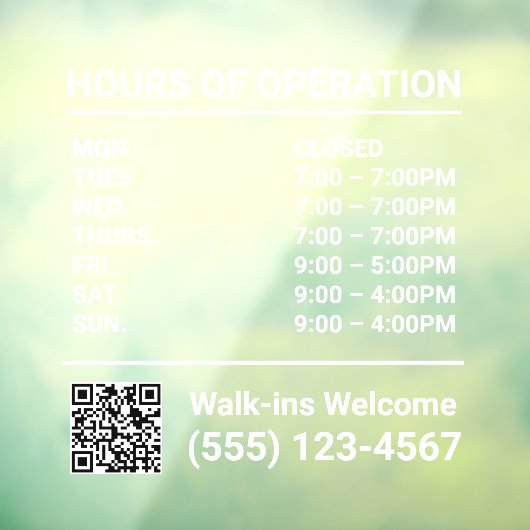 Autocollant Pour Fenêtre Fenêtre Heures d'opération Code QR (Feuille 3)