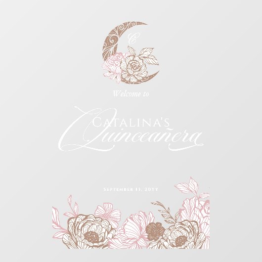 Autocollant Pour Fenêtre Floral rose céleste Lune Quinceanera Bienvenue (Feuille)