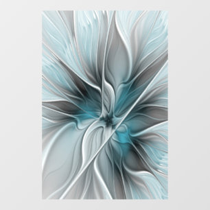 Autocollant Pour Fenêtre Fractal Floral Moderne Abstrait Fleur Bleu Gris