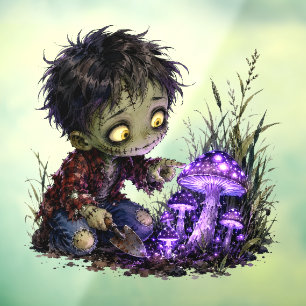 Autocollant Pour Fenêtre Garçon zombie mignon avec champignons lumineux Hal